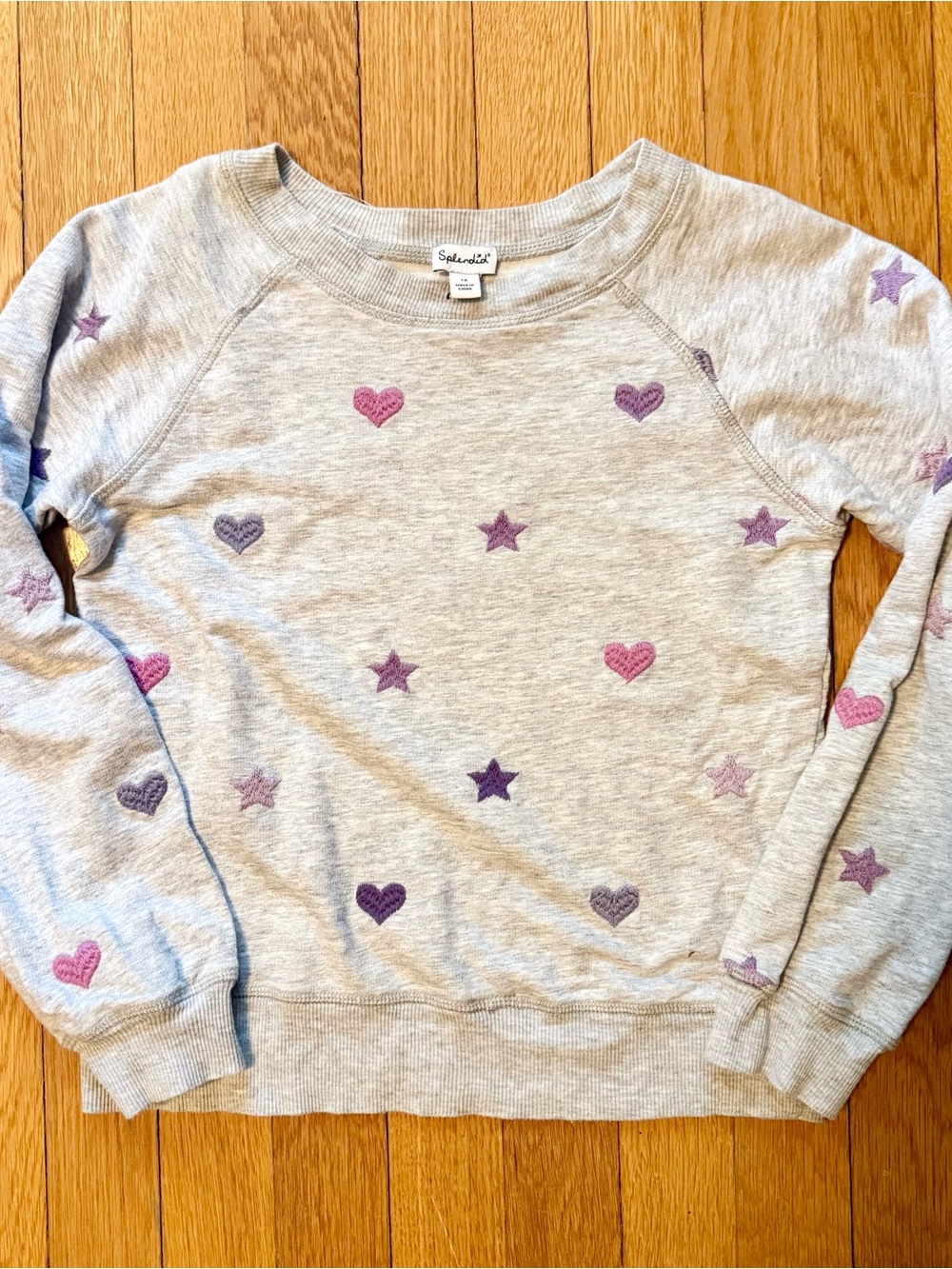 Splendid Gray Sweatshirt with Pink & Purple Heart and Star Embroidery Girls 12